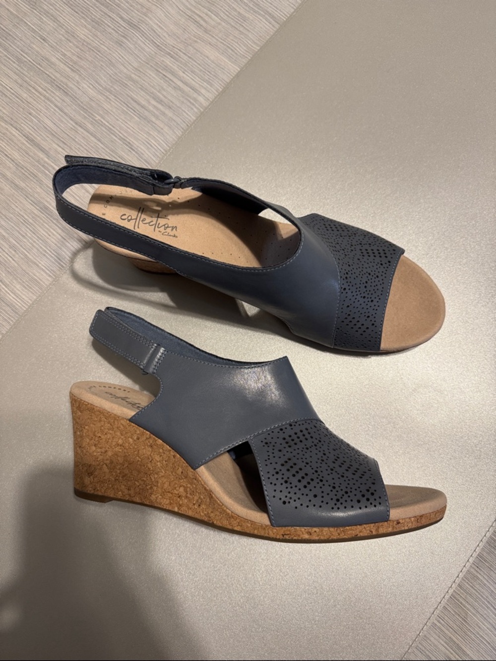 Clarks Navy Cork Wedge Slingback Sandals